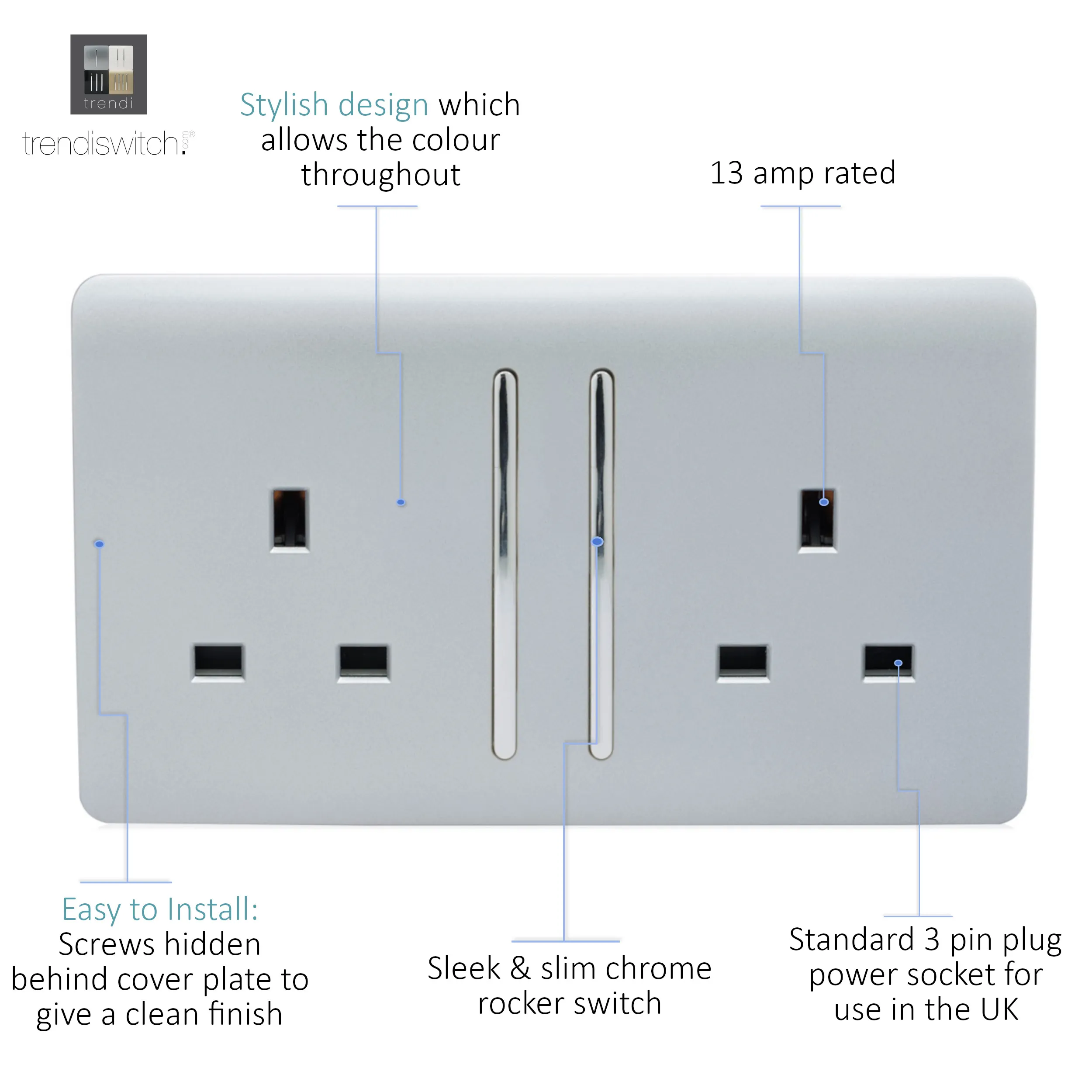 2 Gang 13Amp Long Switched Double Socket Silver ART-SKT213LSI  Trendi Platinum Silver